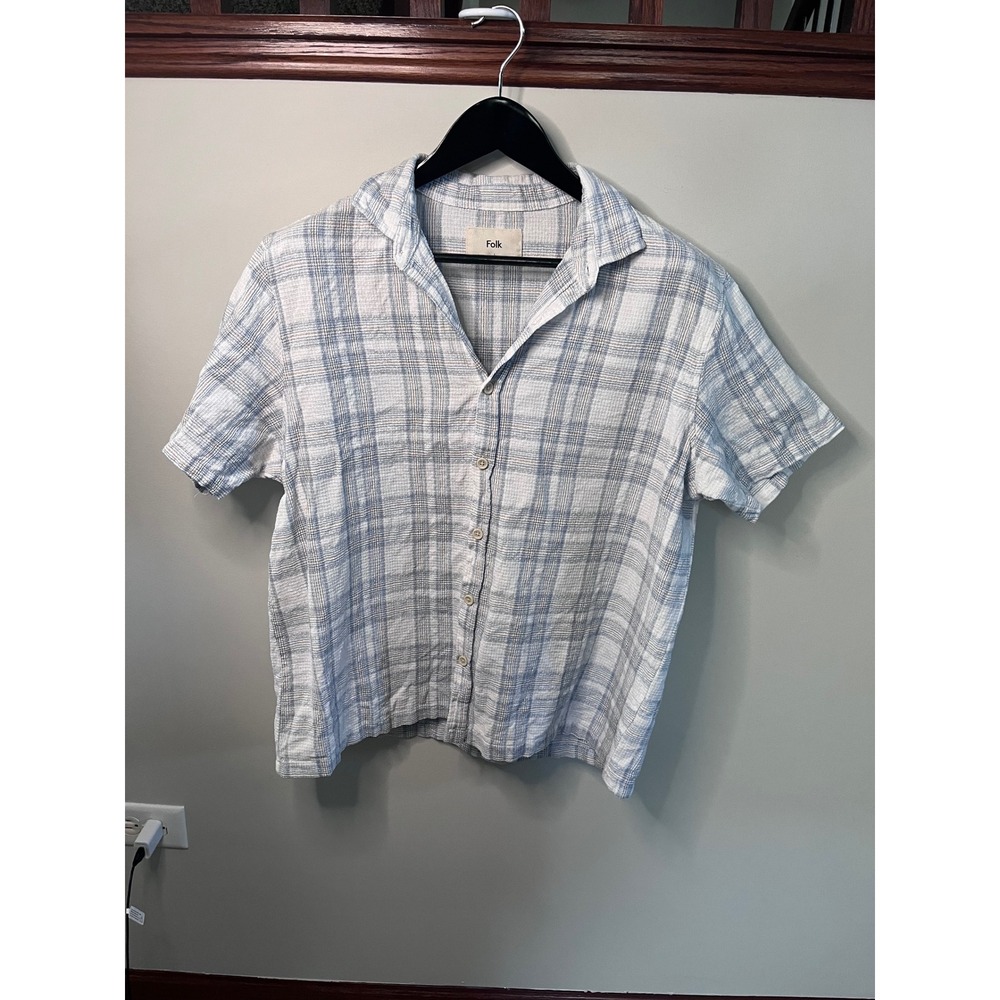 Folk Mens Blue White Plaid Cotton Linen Short Sleeve Camp Collar Shirt Large